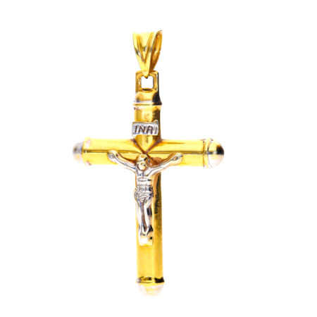 Eleganter Kreuzanhänger aus 585 Gold, 1,9 g, in Bicolor mit Christusfigur. Feine Verarbeitung, geprüfte Qualität. Nur im Geschäft erhältlich.