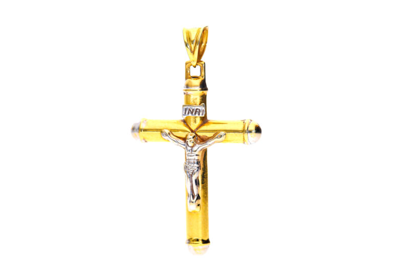 Eleganter Kreuzanhänger aus 585 Gold, 1,9 g, in Bicolor mit Christusfigur. Feine Verarbeitung, geprüfte Qualität. Nur im Geschäft erhältlich.