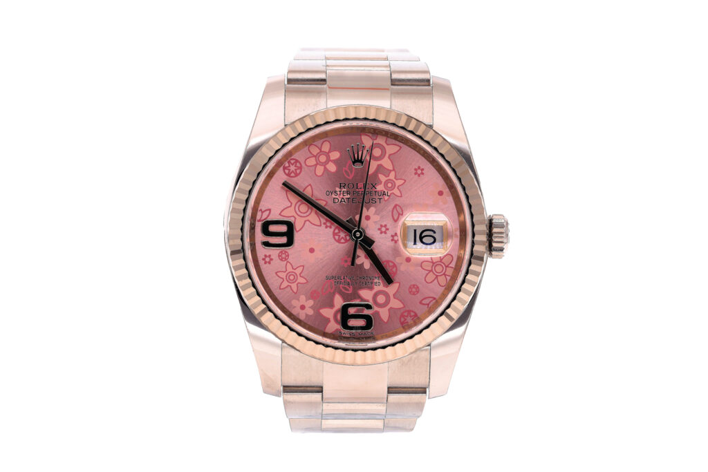 Elegante Rolex Datejust 36 mit seltenem Floral-Pink-Zifferblatt und Weißgoldlünette. Klassischer Luxus mit besonderem Charakter. Ohne Box und Papiere.