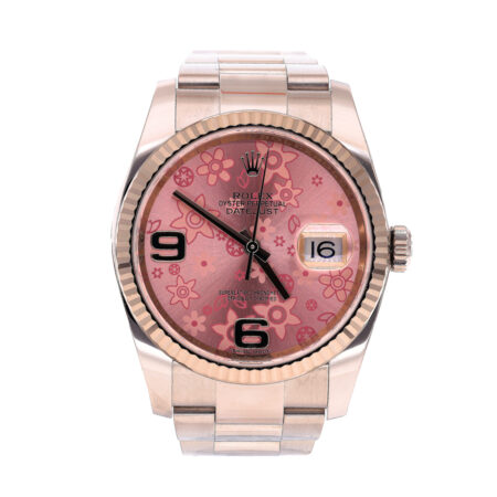Elegante Rolex Datejust 36 mit seltenem Floral-Pink-Zifferblatt und Weißgoldlünette. Klassischer Luxus mit besonderem Charakter. Ohne Box und Papiere.