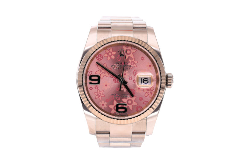 Elegante Rolex Datejust 36 mit seltenem Floral-Pink-Zifferblatt und Weißgoldlünette. Klassischer Luxus mit besonderem Charakter. Ohne Box und Papiere.