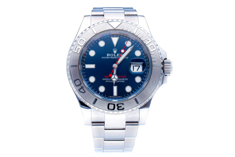 Rolex Yacht-Master Ref. 116622 mit blauem Zifferblatt, Platinlünette und Automatikwerk. Sportliche Luxusuhr in 40 mm.